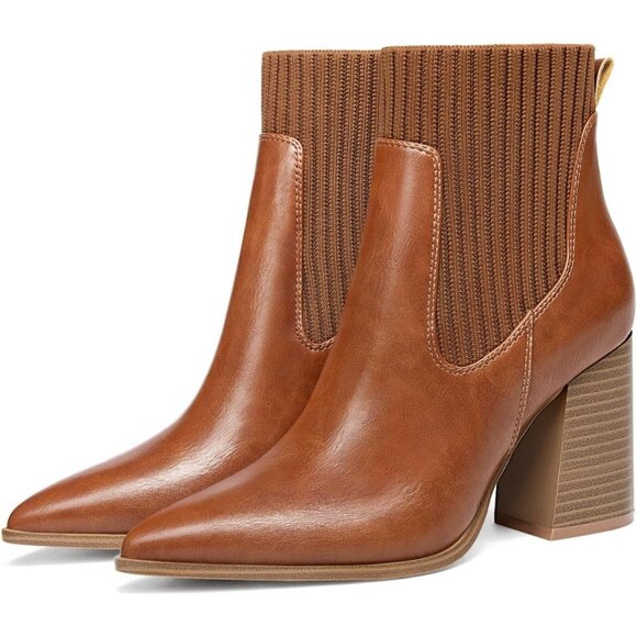 ⚡Women's Brown Ankle Boots Sock Booties Pointed Toe Chunky Stacked High Heel - Picture 3 of 4